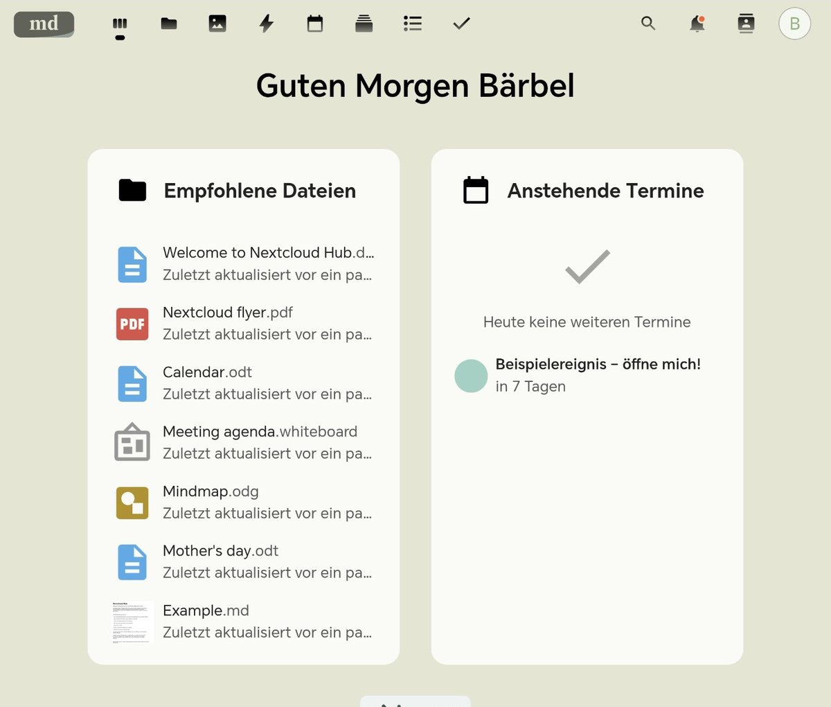 Cloud-Dashboard von munddigital.de mit empfohlenen Dateien und anstehenden Terminen