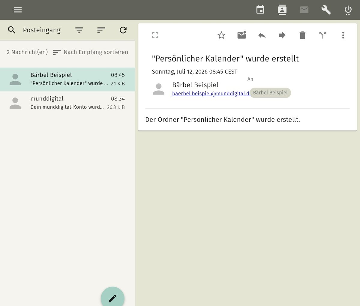 Webmail von munddigital.de mit Posteingang und geöffneter Nachricht